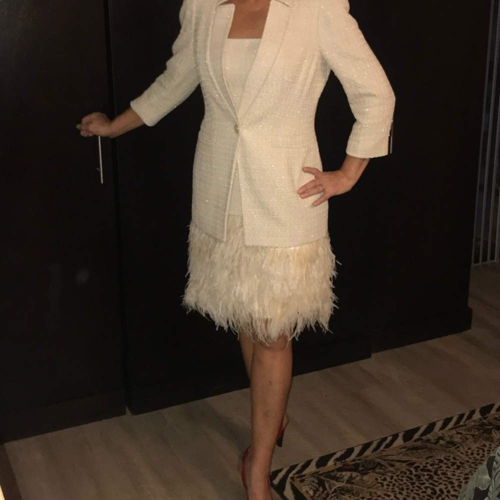 Etcetera Ivory Feather-Trim Dress with Jacket